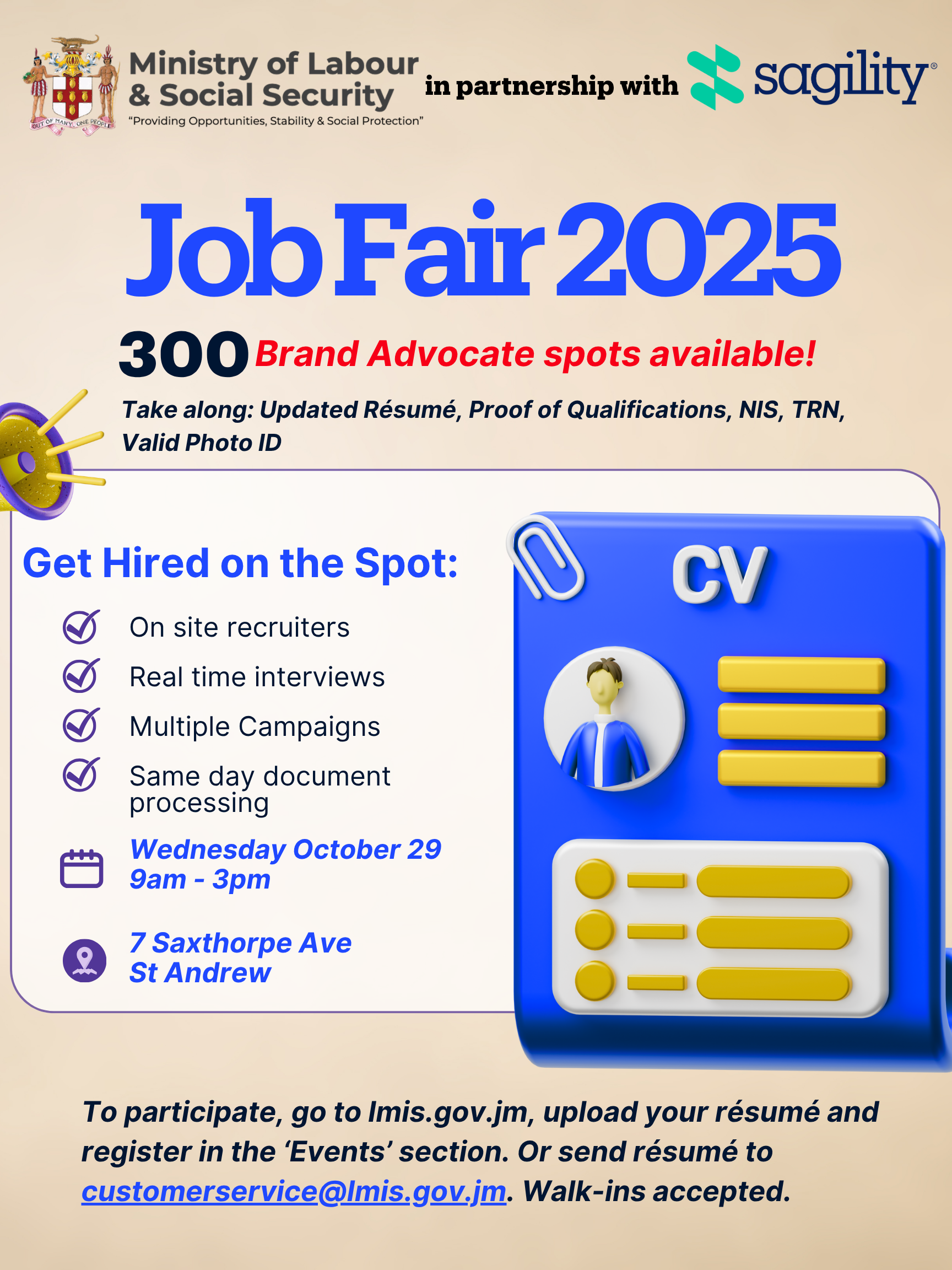 Sagility Job Fair, October 29,2025 at 7 Saxthorpe Ave, St.Andrew, 9am-3pm